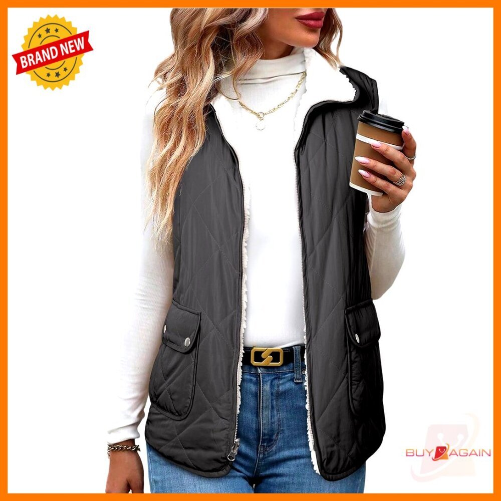 Reversible Puffer Vest Sleeveless Zip Up Sherpa Fleece Lined Quilted Outerwear